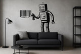 Robot barcode wall decal in black vinyl featuring a spray can, modern urban decor for office or game room.