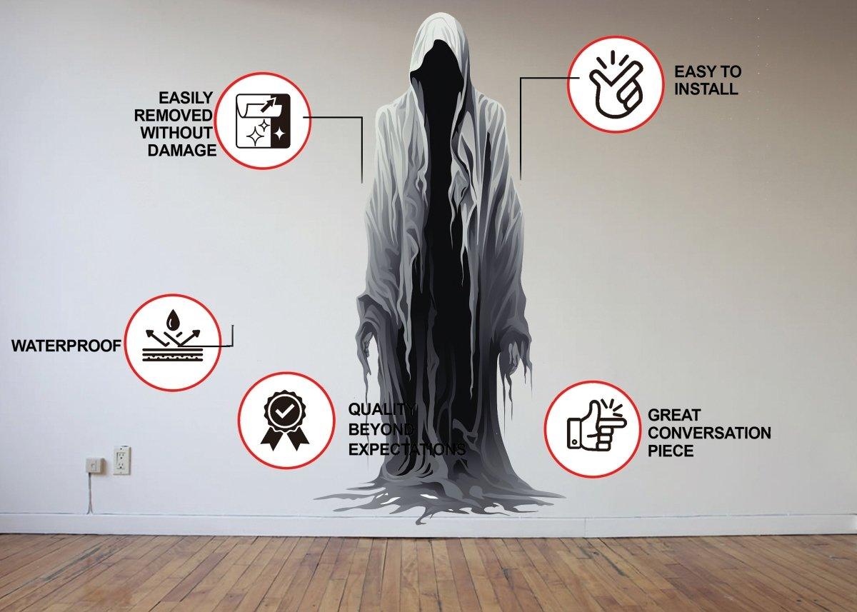 Tall abstract figure silhouette decal with product features and installation information.