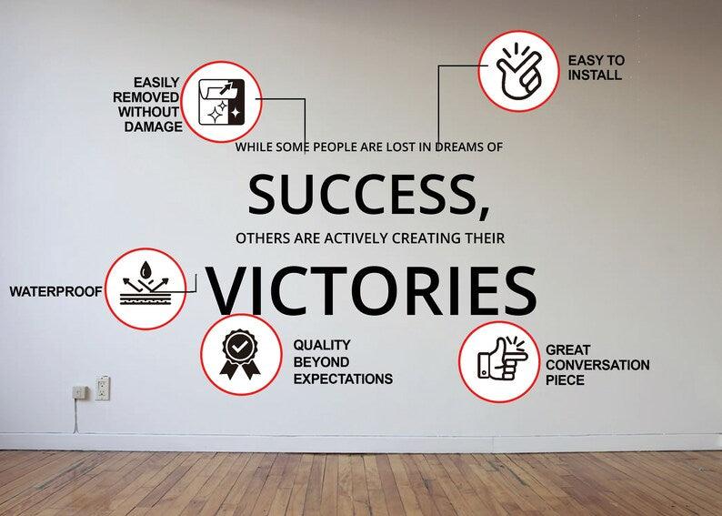 Product features graphic for the motivational small business success quote wall decal.