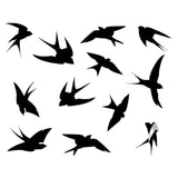 Silhouette of 12 stylish bird wall decals in various flying positions.