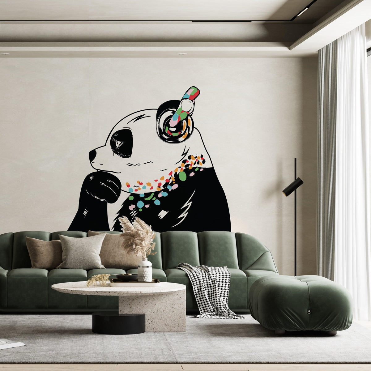 Panda in headphones wall decal displayed in a modern living room.