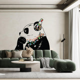 Panda in headphones wall decal displayed in a modern living room.
