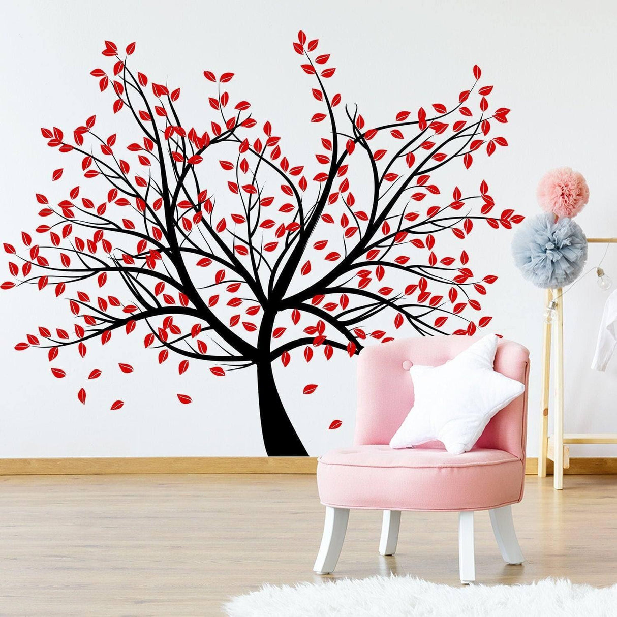 Nature's Serenity vinyl wall decal featuring a black tree with red leaves.