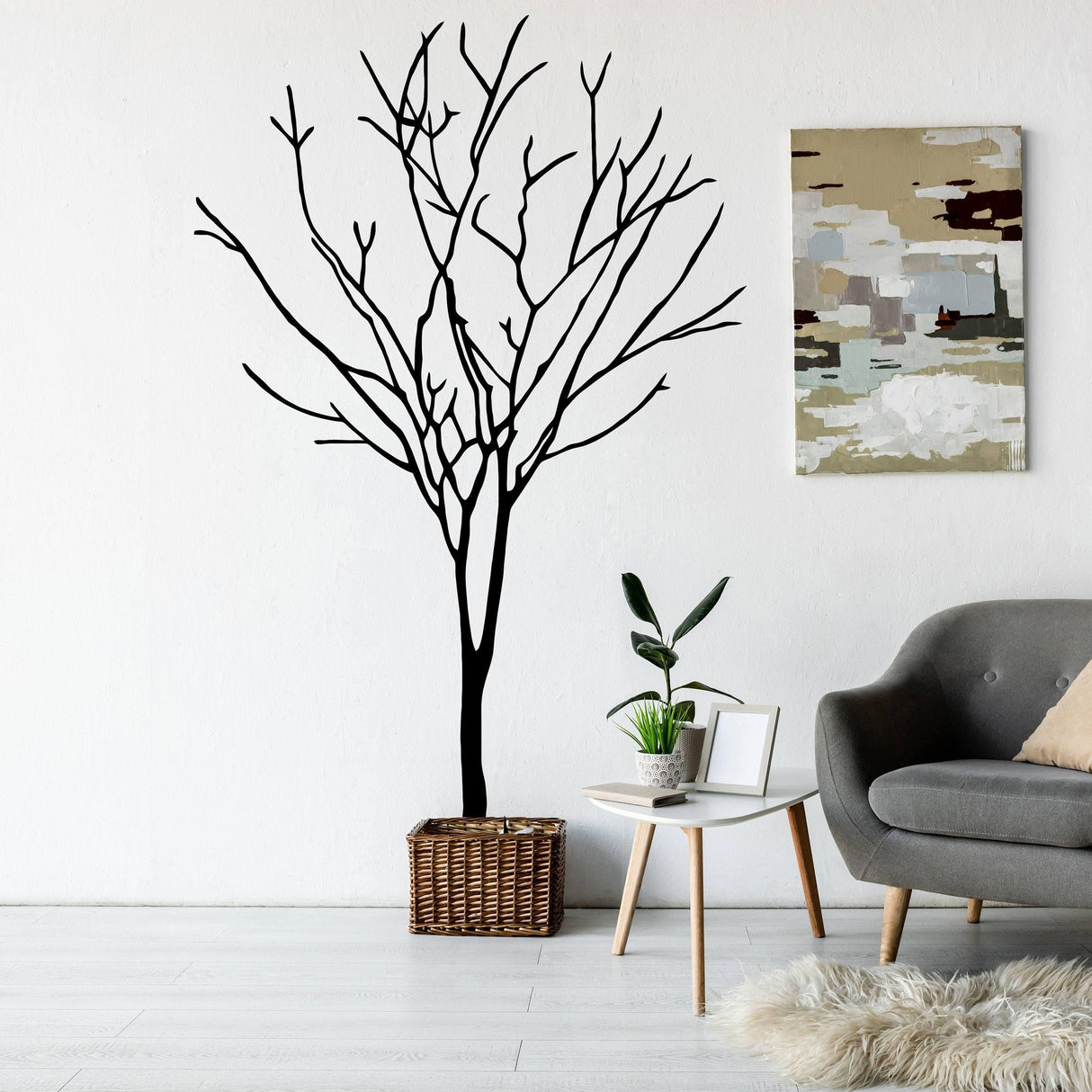 Nature's Serenity tree vinyl wall decal in a modern living room setting.