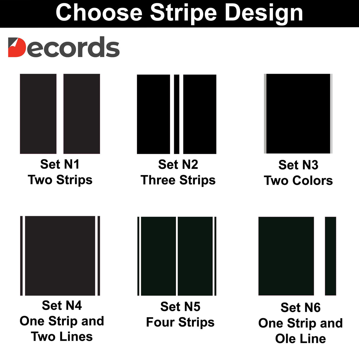 Choose from six stylish racing stripe designs for car decals, including sets of two, three, and four strips.
