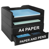 Black desk organizer with A4 paper and pens in drawers.