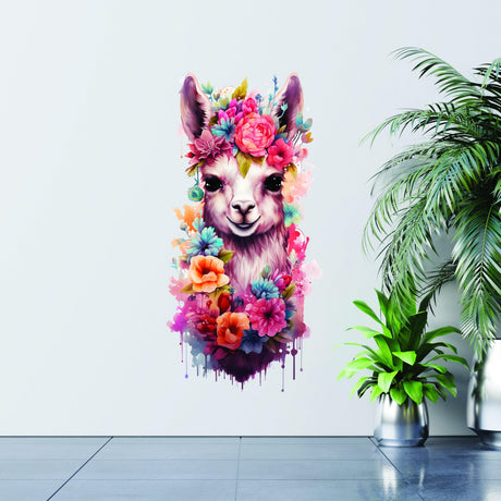 Whimsical alpaca wall sticker with colorful flowers.