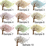 Collage of ten colorful fantasy tree wall sticker samples with flowing leaves and different colors.