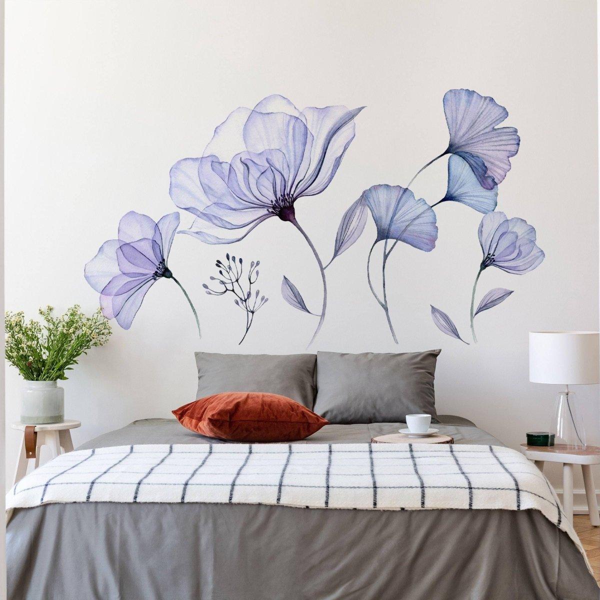 Blue and purple blossom wall decal with a printed 3D floral effect