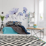 Elegant 3D blue blossom wall decal in modern bedroom, enhancing decor with floral vinyl sticker mural.