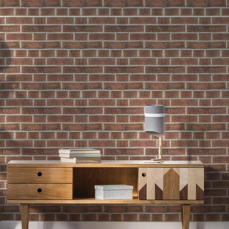 3D stone wall vinyl wallpaper design in a stylish living room setting with modern furniture.