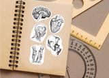 Anatomy vinyl decals on a notebook, showcasing human anatomy illustrations for science lovers.