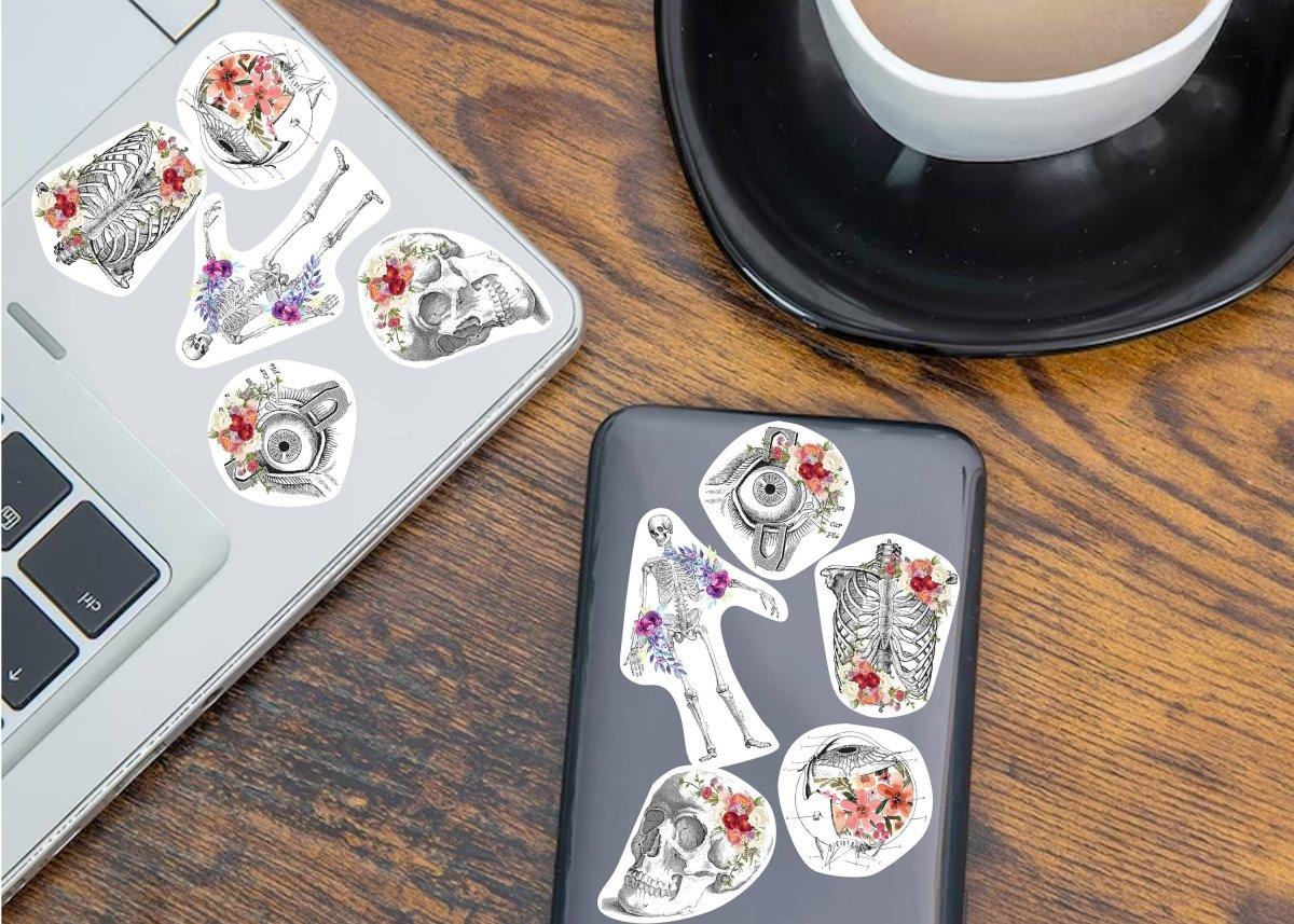 Colorful anatomical stickers on a laptop and phone.