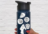 Anatomy laptop stickers on a blue water bottle showcasing detailed human body designs.