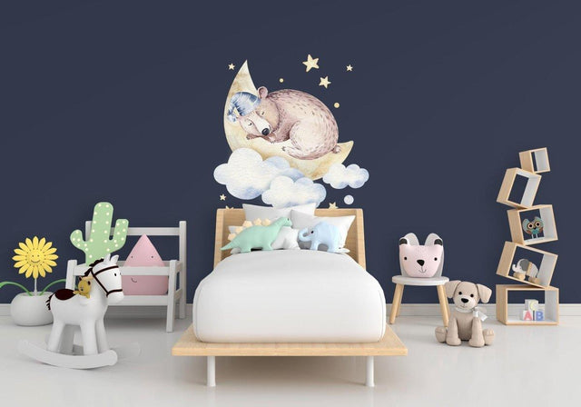 Cloud animal wall decal featuring a bear and moon.