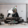 Street art dog wall sticker with headphones and colorful accents in a modern living room.