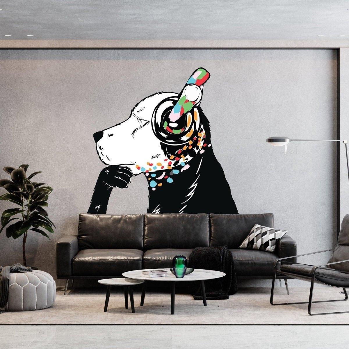 Street art dog wall sticker with headphones and colorful accents in a modern living room.