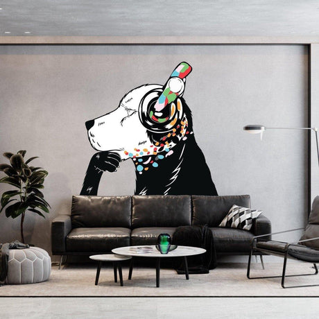 Street art dog wall sticker with headphones and colorful accents in a modern living room.
