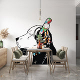 Dog with headphones street art wall sticker displayed in a modern dining area.