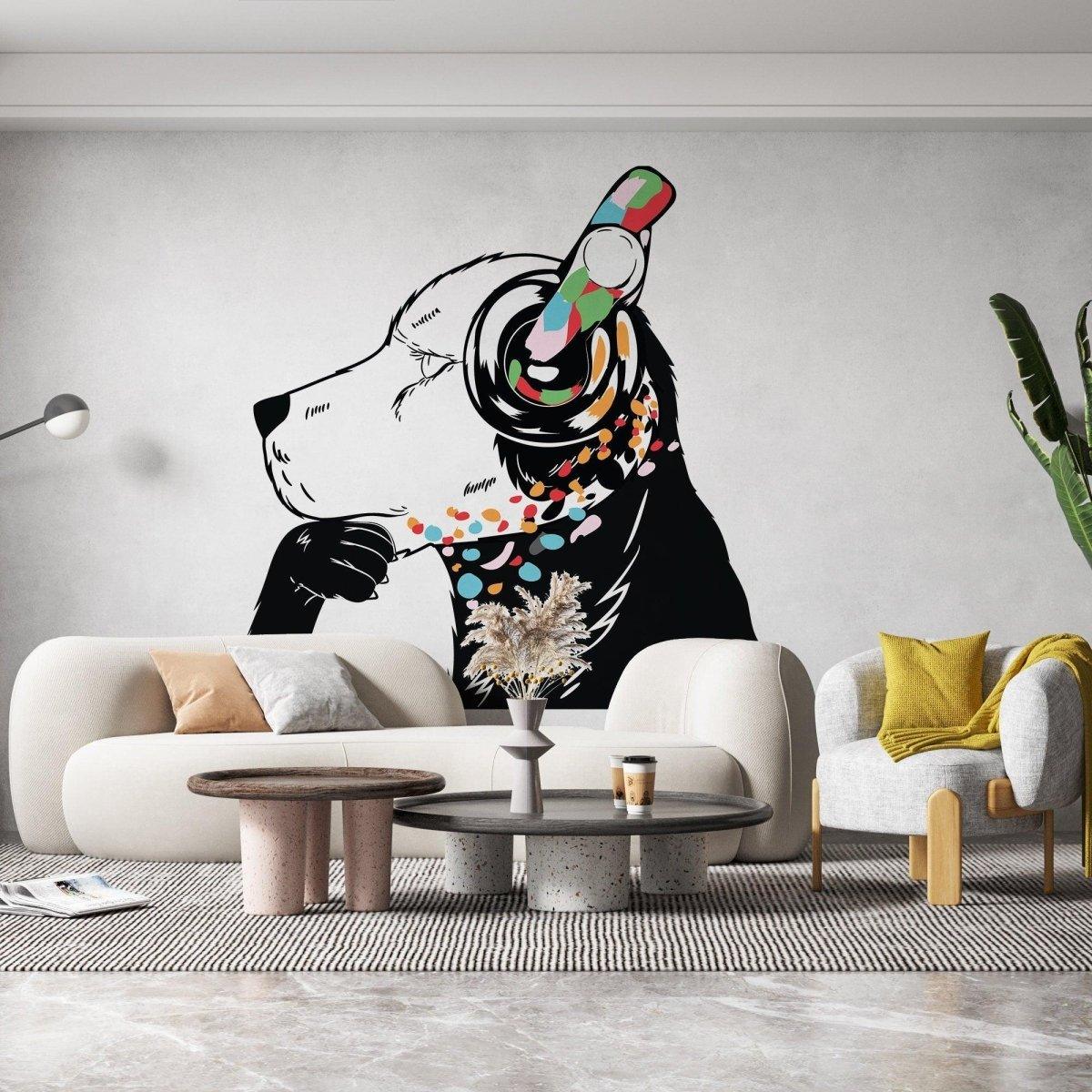 Dog with headphones wall sticker displayed in a modern living room.