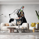 Dog with headphones wall sticker displayed in a modern living room.