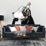 Walls adorned with a vibrant dog in headphones sticker, adding modern street art decor to a stylish living room.