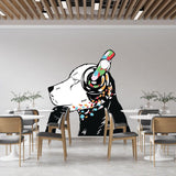 Dog in headphones street art wall decal for creative spaces.