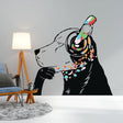Dog in headphones wall decal, inspired by street art, colorful modern decor for creative spaces.