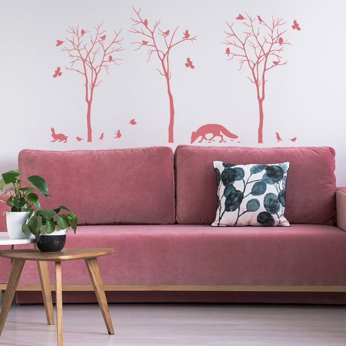 Botanical wildlife vinyl decal set featuring trees and cute animals.