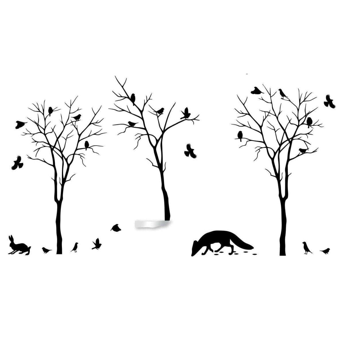 Botanical wildlife vinyl decal set featuring trees, birds, and animals for nature-inspired interior design.
