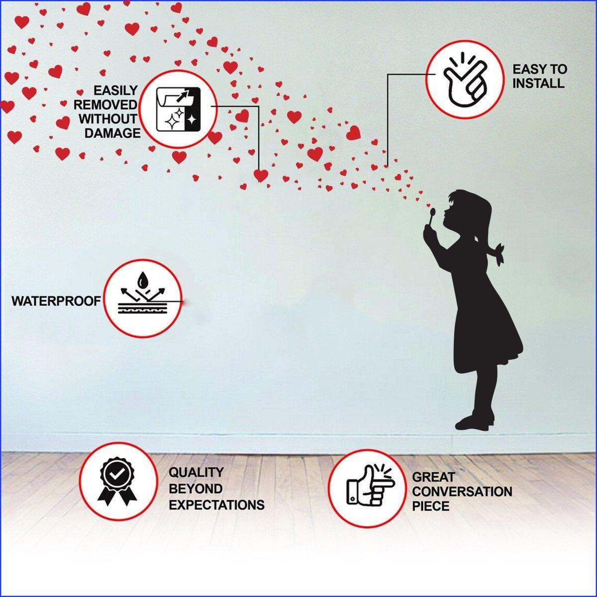 Product features graphic for the girl blowing heart bubbles wall decal.