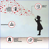 Product features graphic for the girl blowing heart bubbles wall decal.
