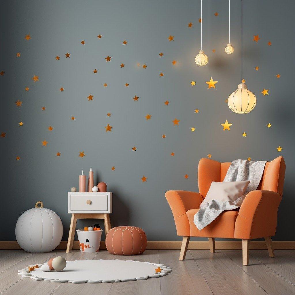 Cozy room featuring gold star vinyl wall stickers, an orange chair, and stylish decor accents.