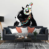 Cool cat wall decal in living room, featuring a DJ kitten with headphones and colorful collar design.