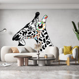 Contemplative giraffe wall sticker design featuring vibrant colors and headphones.