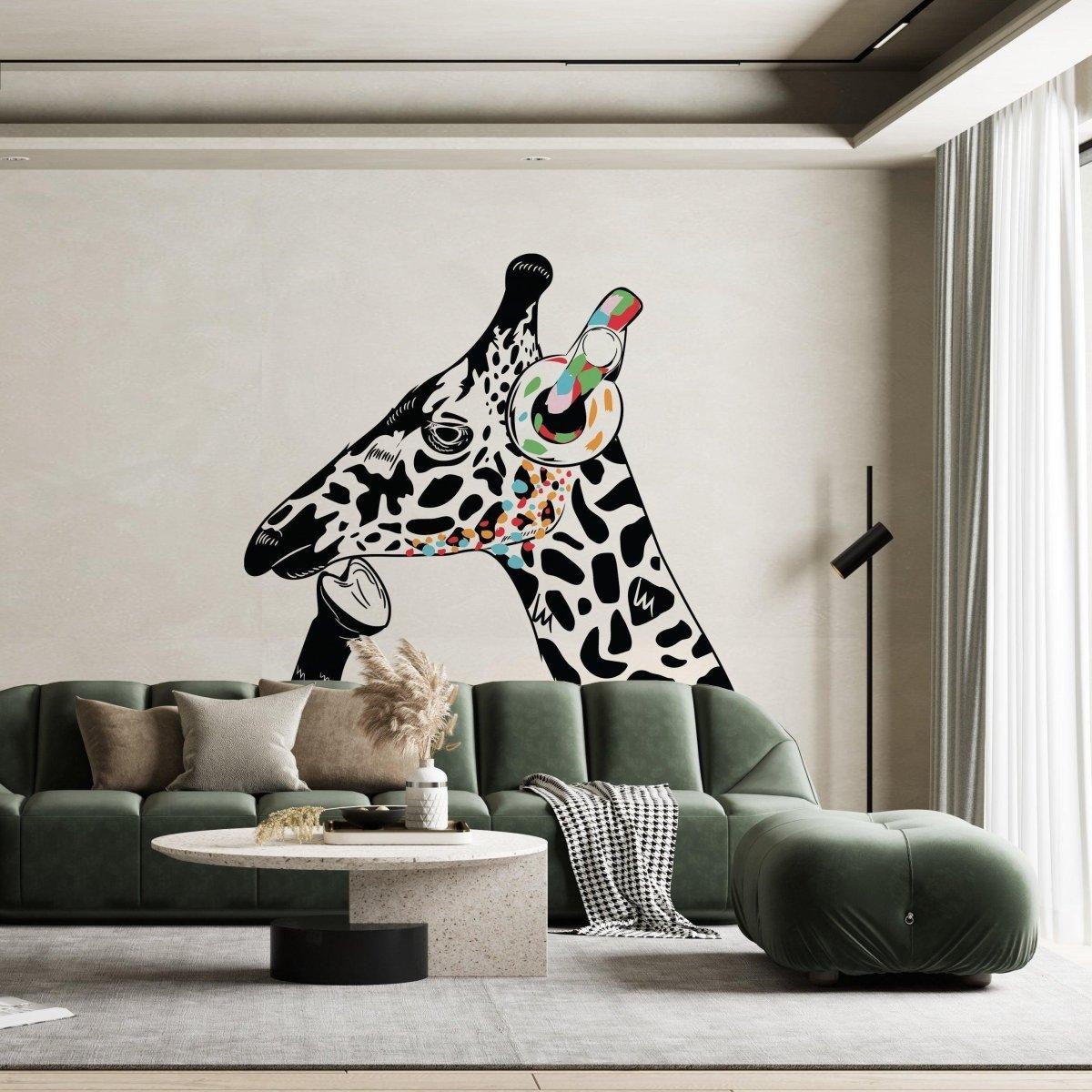 Contemplative giraffe wall sticker in a stylish living room, colorful vinyl decal art for children's space.