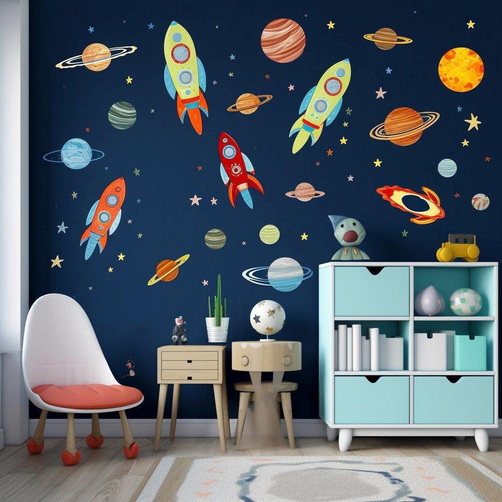 Stellar Journey wall stickers featuring colorful rockets and planets on a navy blue wall for a cosmic kids' decor.