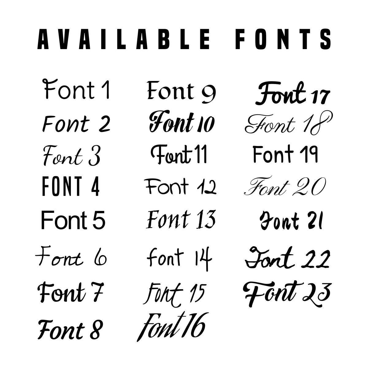 List of available fonts for customizable mailbox decals, showing 23 different font styles.