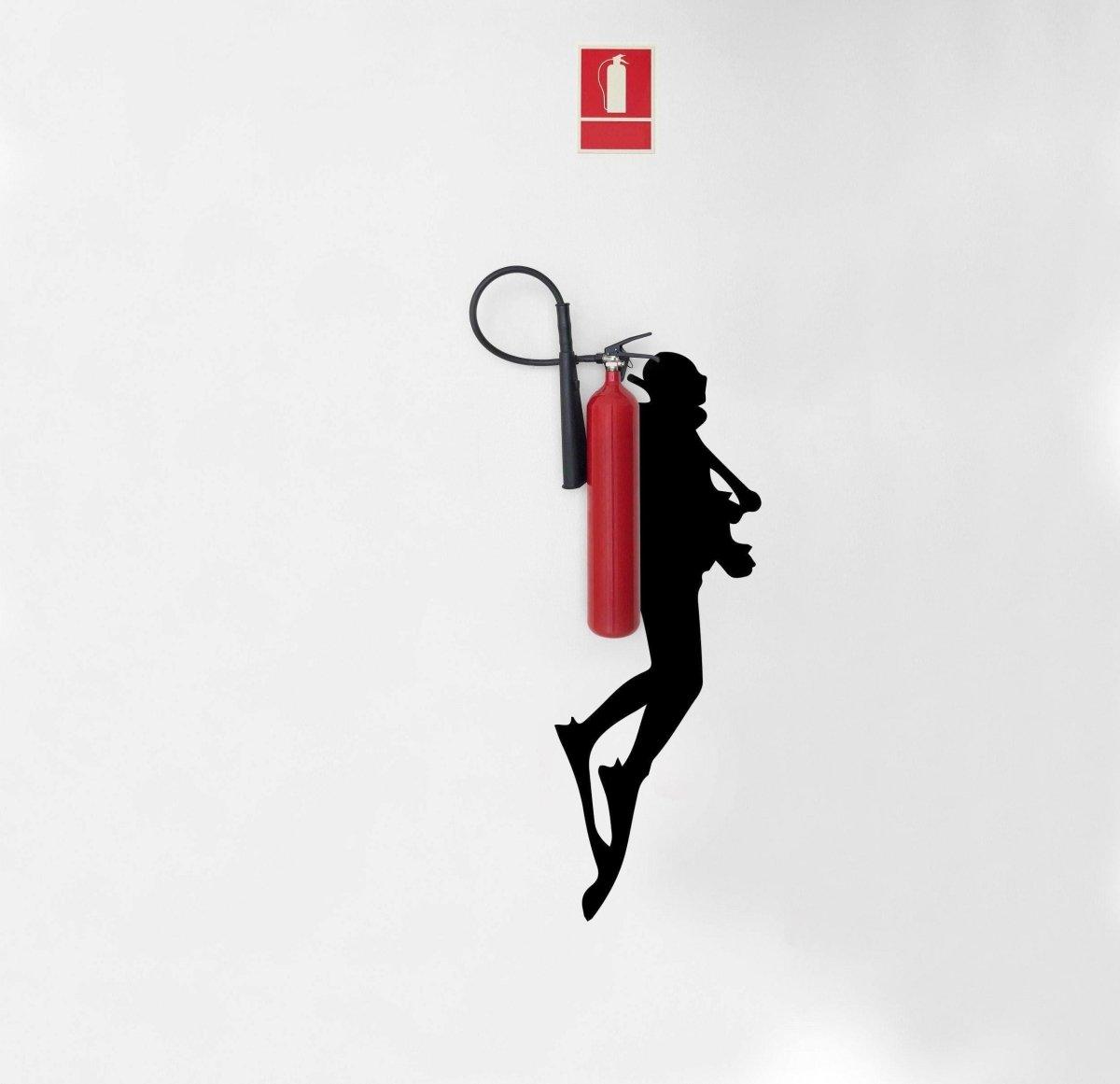 Deep Dive Wall Sticker of scuba diver silhouette holding a red fire extinguisher.