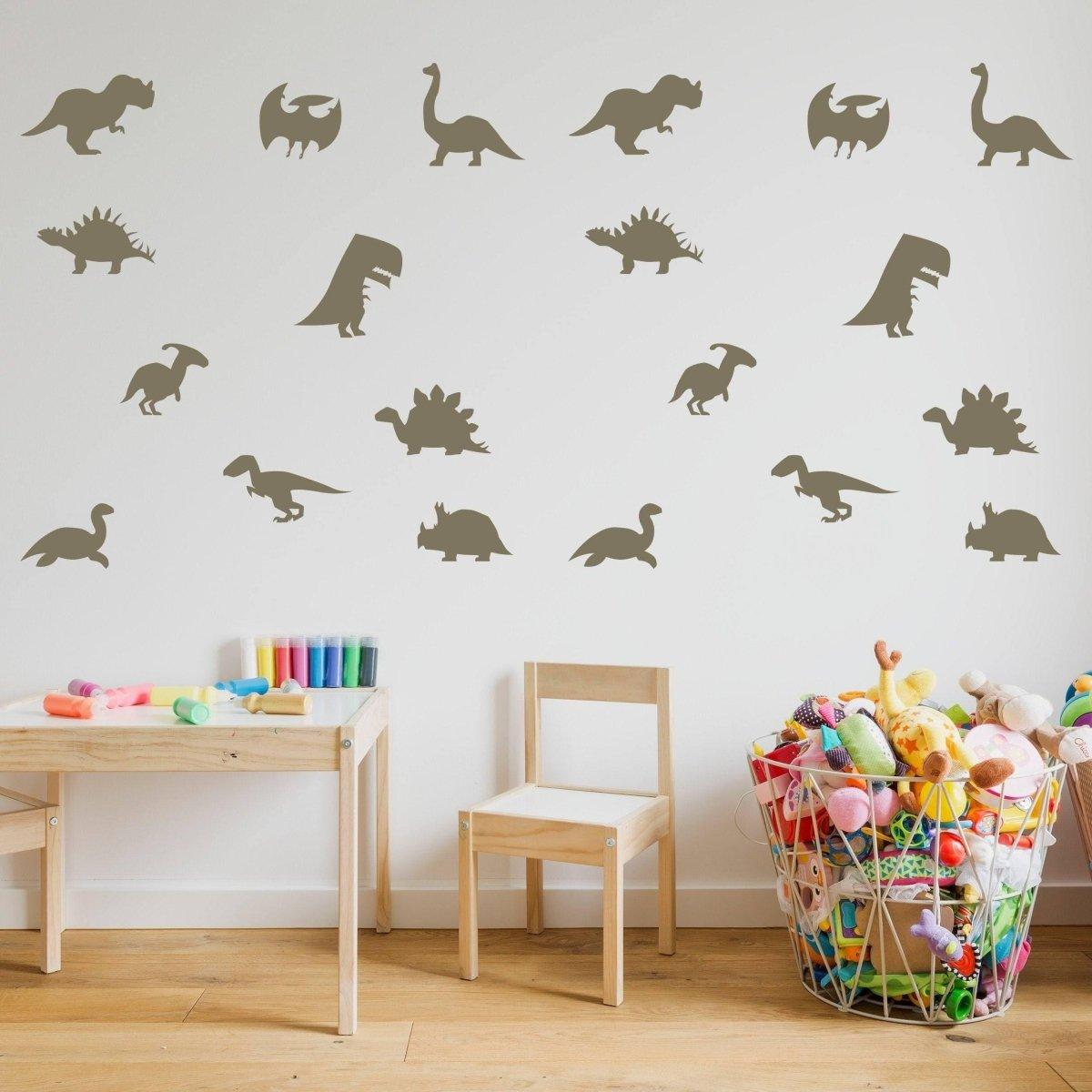 Dinosaur Dreams Wall Sticker Set displayed on a wall above a colorful toy basket and a play table.