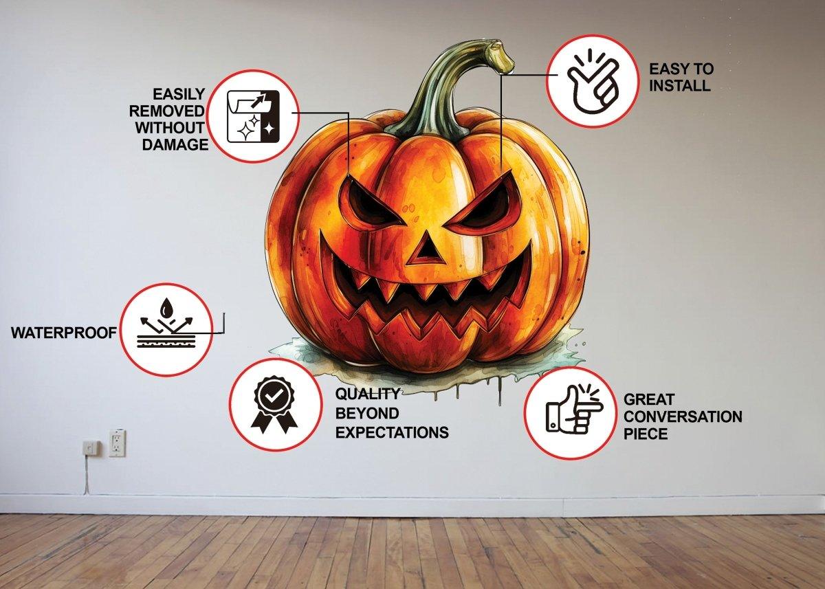 Orange pumpkin face wall decal with product features and installation information.