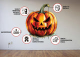 Orange pumpkin face wall decal with product features and installation information.