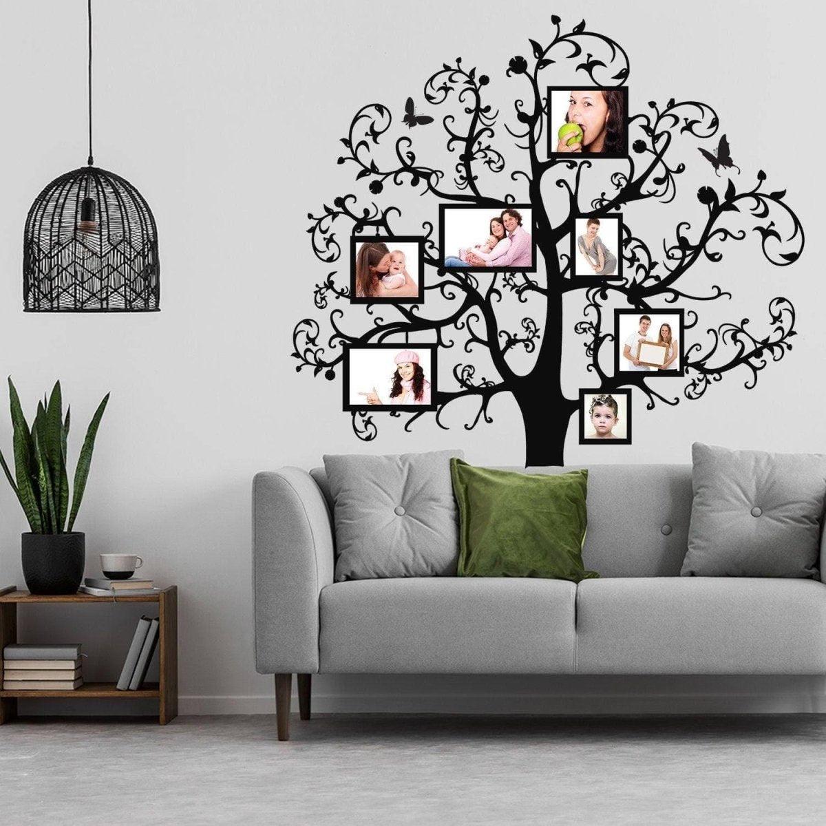 Family tree and photo-frame outline vinyl wall decal displayed in an interior.