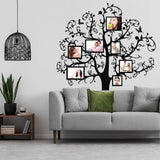 Family tree and photo-frame outline vinyl wall decal displayed in an interior.