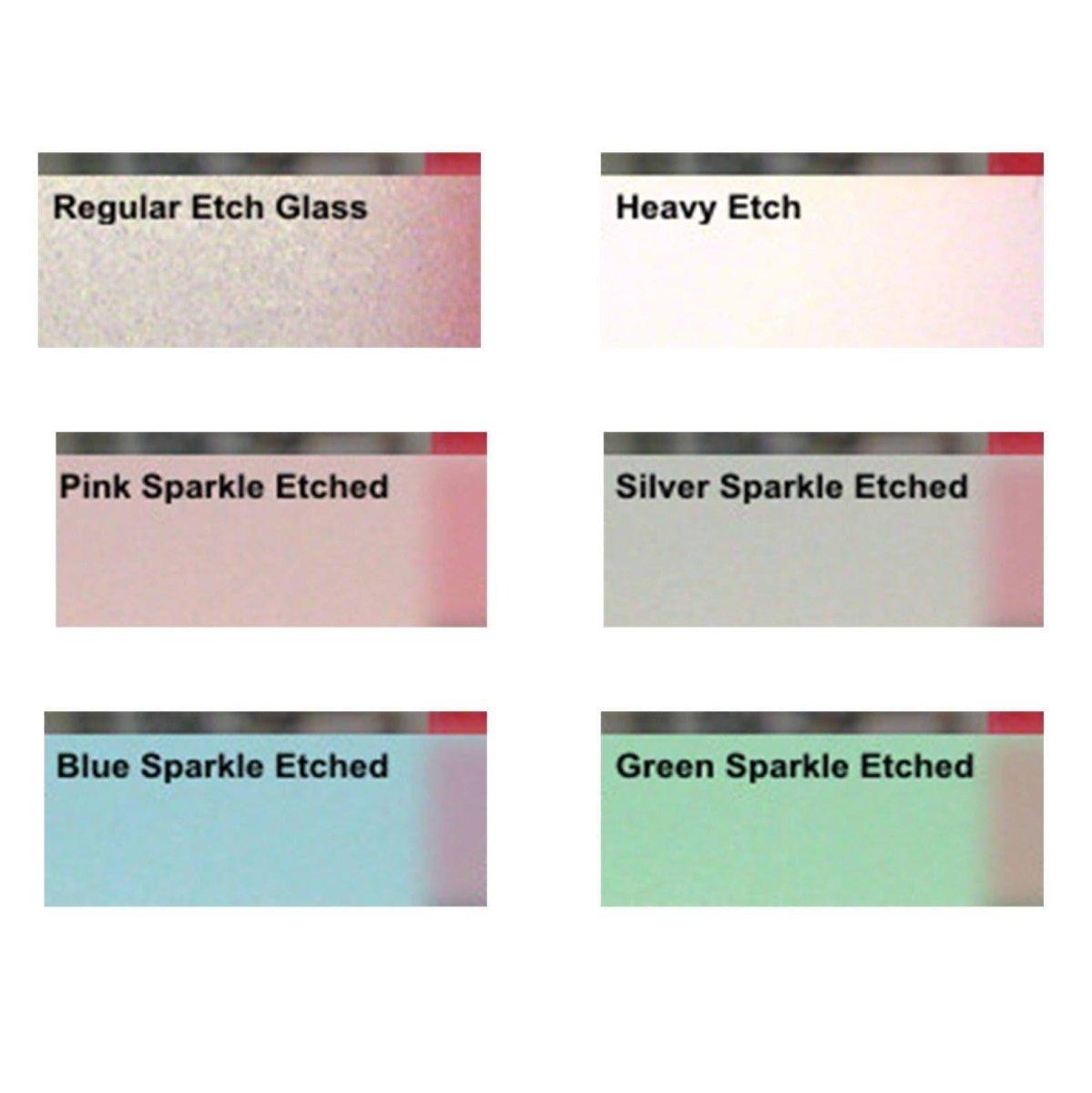 Samples of frosted glass films: Regular, Heavy, Pink Sparkle, Silver Sparkle, Blue Sparkle, and Green Sparkle!