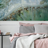Chic marble design self-adhesive removable wallpaper in a modern bedroom setting.