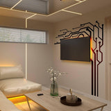 Stylish wall art decals featuring a circuit design complementing a modern living room with TV.