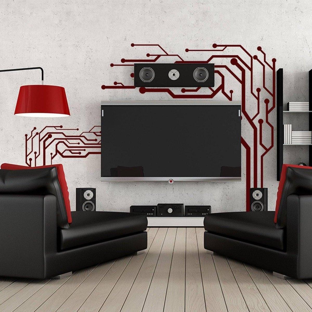 Stylish wall art vinyl decals with a modern circuit design, enhancing a contemporary living room decor.