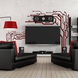 Stylish wall art vinyl decals with a modern circuit design, enhancing a contemporary living room decor.
