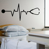 Vinyl decal of a heartbeat line with a stethoscope on a hospital room wall, showcasing healthcare themes.